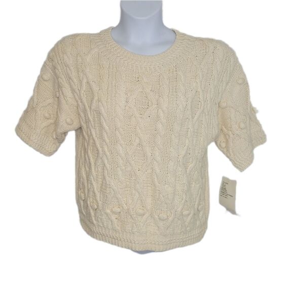 NEW VINTAGE 80s sweater DVF ivory cream short‎ sleeve cable knit pompom M - Picture 1 of 11
